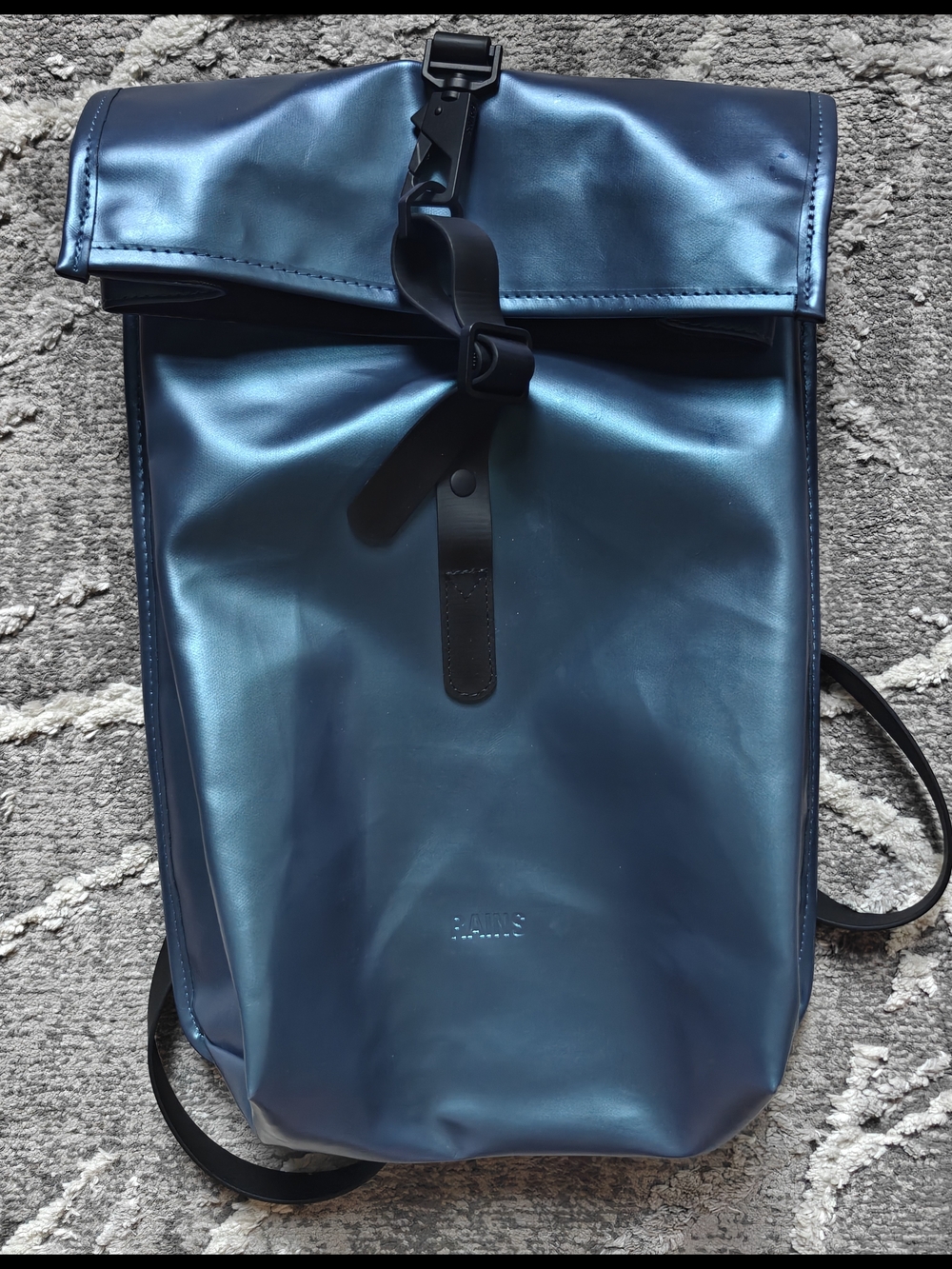 Rains Metallic Teal Blue Roll-Top Backpack